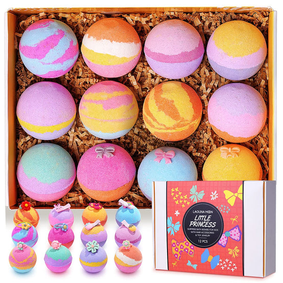 Organic Bath Bombs for Kids - 12 Extra Large Bath Bombs in Gift Set with Surprise Toy Jewelry